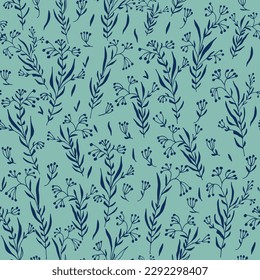 Seamless vector floral pattern. Navy branches and leaves on blue background.