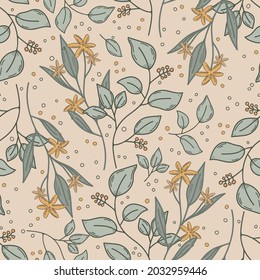 Seamless vector floral pattern with neutral mustard yellow and light sage green colors on tan background. Hand drawn wildflowers and polka dots design is modest, light and feminine.