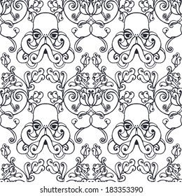 Seamless vector floral pattern with octopuses.