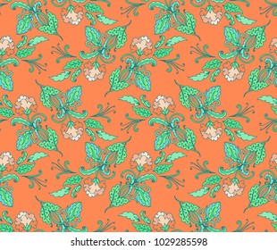 Seamless vector floral pattern on orange background