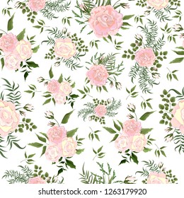 Seamless vector floral pattern on white background. Pink roses and green leaves. All elements are isolated.