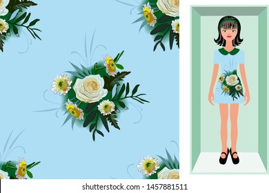 Seamless vector floral pattern on blue background. A bouquet of flowers with a rose. Cartoon girl in a dress with a bouquet of flowers, a doll in a box