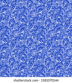 Seamless  vector floral pattern on blue background, indian style