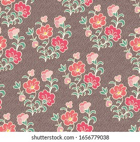 Seamless  vector floral pattern on dark dotty  background, indian style