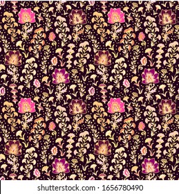 Seamless  vector floral pattern on dark puprle background, indian style