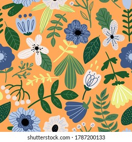 Patrón floral vectorial sin brillo sobre fondo naranja. Ilustración botánica con plantas para tela, textil, papel pintado, fondo, desgaste, camiseta.