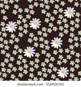 Seamless vector floral pattern on dark brown background. Daisies and yarrow.