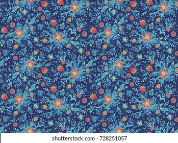 Seamless vector floral pattern on blue background