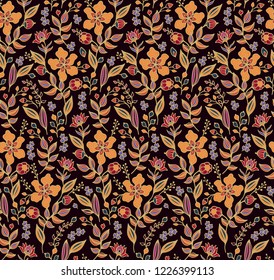 Seamless vector floral pattern with orange flowers on dark background, scandinavian style
