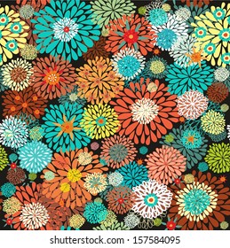 Seamless vector floral pattern with orange, yellow - green stylized chrysanthemum flowers on dark background