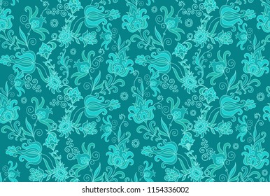 Seamless vector floral pattern, oriental style, turquoise - white palette