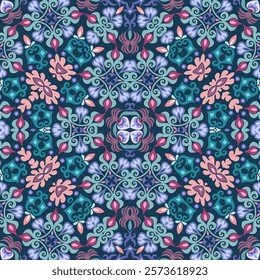 Seamless vector floral pattern with ornamental symmetry, featuring vibrant elements. Elegant decorative design, perfect for textiles, wallpapers, and digital backgrounds