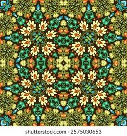 Seamless vector floral pattern with ornamental symmetry, featuring vibrant elements. Elegant decorative design, perfect for textiles, wallpapers, and digital backgrounds