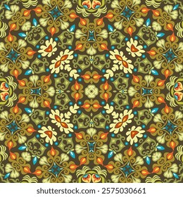 Seamless vector floral pattern with ornamental symmetry, featuring vibrant elements. Elegant decorative design, perfect for textiles, wallpapers, and digital backgrounds