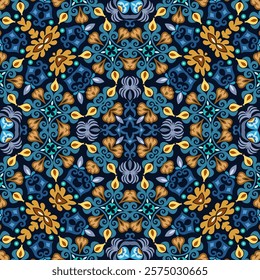 Seamless vector floral pattern with ornamental symmetry, featuring vibrant elements. Elegant decorative design, perfect for textiles, wallpapers, and digital backgrounds