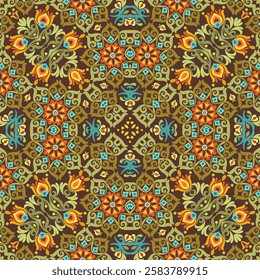 Seamless vector floral pattern with ornamental symmetry, featuring vibrant elements. Elegant decorative design, perfect for textiles, wallpapers, and digital backgrounds