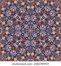 Seamless vector floral pattern with ornamental symmetry, featuring vibrant elements. Elegant decorative design, perfect for textiles, wallpapers, and digital backgrounds