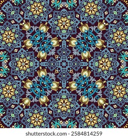 Seamless vector floral pattern with ornamental symmetry, featuring vibrant elements. Elegant decorative design, perfect for textiles, wallpapers, and digital backgrounds