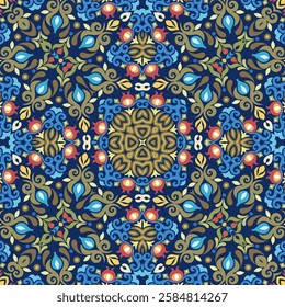 Seamless vector floral pattern with ornamental symmetry, featuring vibrant elements. Elegant decorative design, perfect for textiles, wallpapers, and digital backgrounds