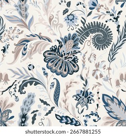 Patrón floral de Vector sin costuras con hojas ornamentales y flores suaves en un suelo ligero en estilo clásico. Ideal para textiles Fondos de pantalla envoltura de regalo y decoración para el hogar.