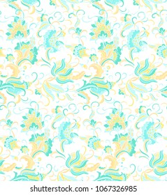 Seamless vector floral pattern, pastel pale yellow - mint palette on white background
