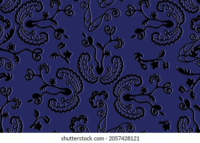 Seamless vector floral pattern in pastel golden winter colors, volumetric hand drawing white curls with blue shadow on light background