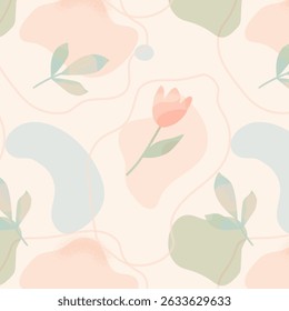 Seamless vector floral pattern with pastel flowers and leaves, abstract shapes and soft textures. Perfect for textile design, wallpaper, packaging, stationery, digital backdrops and feminine themed 