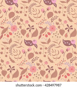 Seamless vector floral pattern in pastel pink colors. Decorative pattern in rose quartz, beige, purple and lavender. Berries, twigs, flowers and herbs for a flourish background.