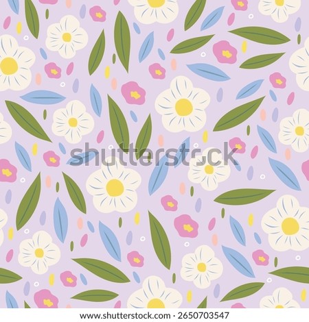 Seamless vector floral pattern with pastel flowers, leaves, and plants. Cute background with flowers.