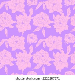 Seamless vector floral pattern. Peonies. Pink peonies on a gray background. Purple background. Flowers. Spring. Monochrome. Home textiles.
