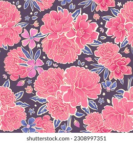 Seamless Vector Floral Pattern Peonies, floral pattern with loosely drawn peonies, flowers, leaves, stems, buds.