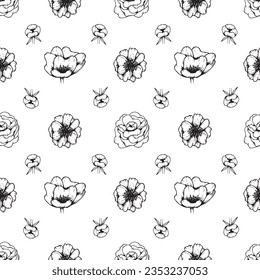 Seamless vector floral pattern with peonies and anemones flowers