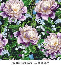 Seamless vector floral pattern with peony lilies and spring blossoms