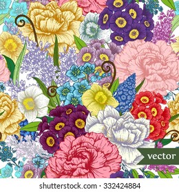 Seamless vector floral pattern, peony flowers, primrose, musk, lilac, vintage wallpaper, gentle background