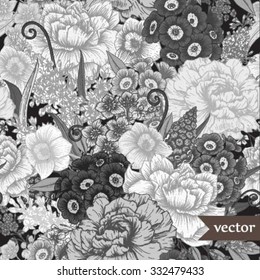 Seamless vector floral pattern, peony flowers, primrose, musk, lilac, vintage wallpaper, monochrome, Black and White Wallpaper