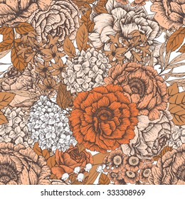 Seamless vector floral pattern, peony flowers, primrose, lilac, vintage wallpaper, gentle background, rose flower, retro wallpaper
