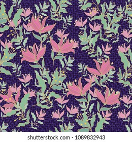 Seamless vector floral pattern with pink flowers on dark violet background