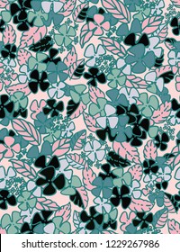 Seamless vector floral pattern with pink, turquoise and black simple flowers. Hydrangea stylized outlined flowers and leaves.