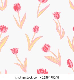 Diseño floral vectorial sin inconvenientes con tulipanes rosa pastel. Dibujo ingenioso simple e ingenuo. Flores de primavera. 