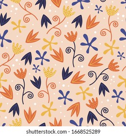 Seamless vector floral pattern with pink flowers. Trendy childish hand drawn botanical colorful background. Great for fabric, textile Vector Illustration.