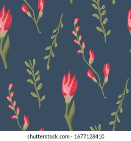 Seamless vector floral pattern. Pink flowers purple background for design, fabric, textile, cover, wrapping etc. Beautiful botanic flowers field bouquet.
