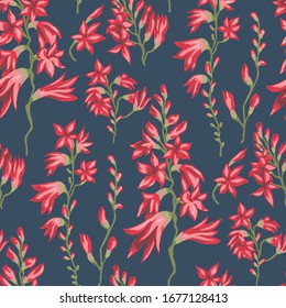Nahtlose Vektorillustration Blumenmuster. rosafarbene Blumen violetter Hintergrund für Design, Stoff, Textilien, Deckel, Umhüllung usw. Schöne botanische Blumen Blumenfelder Bouquet.