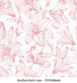 Seamless vector floral pattern. Pink royal lilies flowers on a white background.