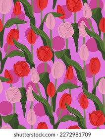 Seamless vector floral pattern with pink and red tulips on vibrant pink background. Tulips tropical background.