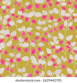 Patrón floral de Vector sin fisuras con flores y hojas de color rosa sobre un fondo amarillo. Ornamento elegante y de la naturaleza, ideal para los textiles, los Fondos de pantalla, el empaquetado, y los diseños temáticos botánicos