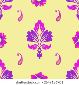 Seamless vector floral pattern with pink and purple flowers, leaves, and butterfly decor