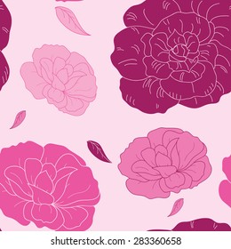 Seamless vector floral pattern of pink flowers. Roses and lilies on a light background.