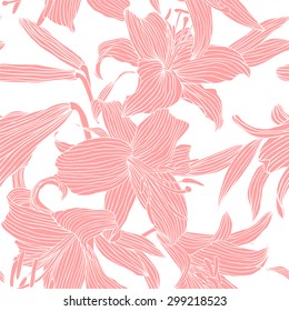 Seamless vector floral pattern. Pink royal lilies flowers on a white background.