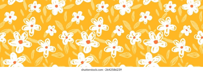 Seamless vector floral pattern with playful crayon style flowers and leaves on a vibrant yellow background. Template for kids textiles, stationery, wrapping paper, and cheerful designs
