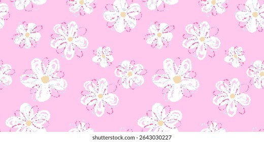 Seamless vector floral pattern with playful hand drawn white daisies on a pastel pink background. Soft pink and blue paint splashes add a fun, childlike, and artistic touch. Ideal for kids designs